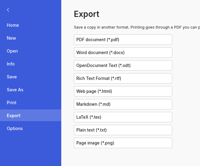 WordCraft's File menu showing Export and the PDF document option.